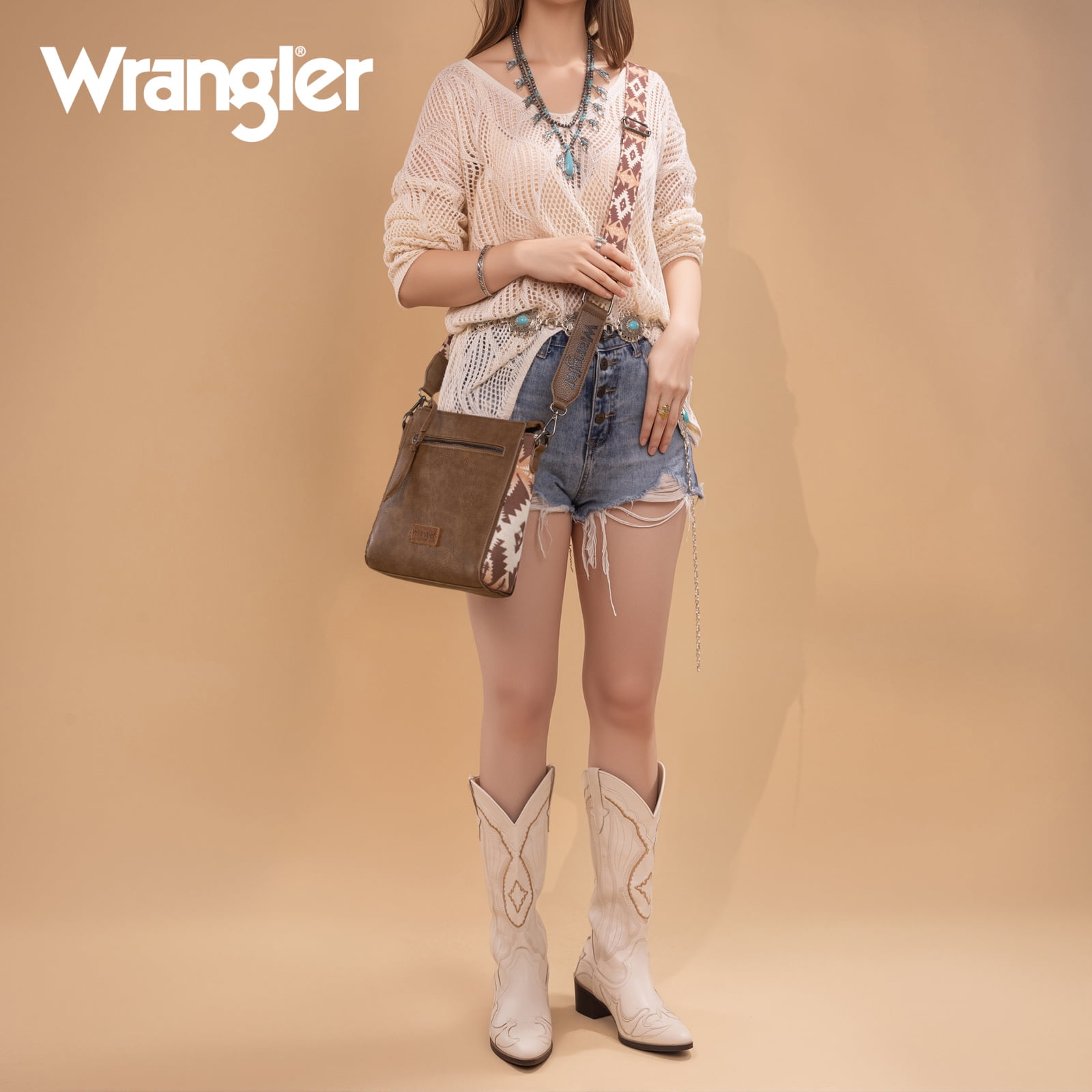 Wrangler Aztec Crossbody Bags Boho Shoulder for Women, Light Coffee