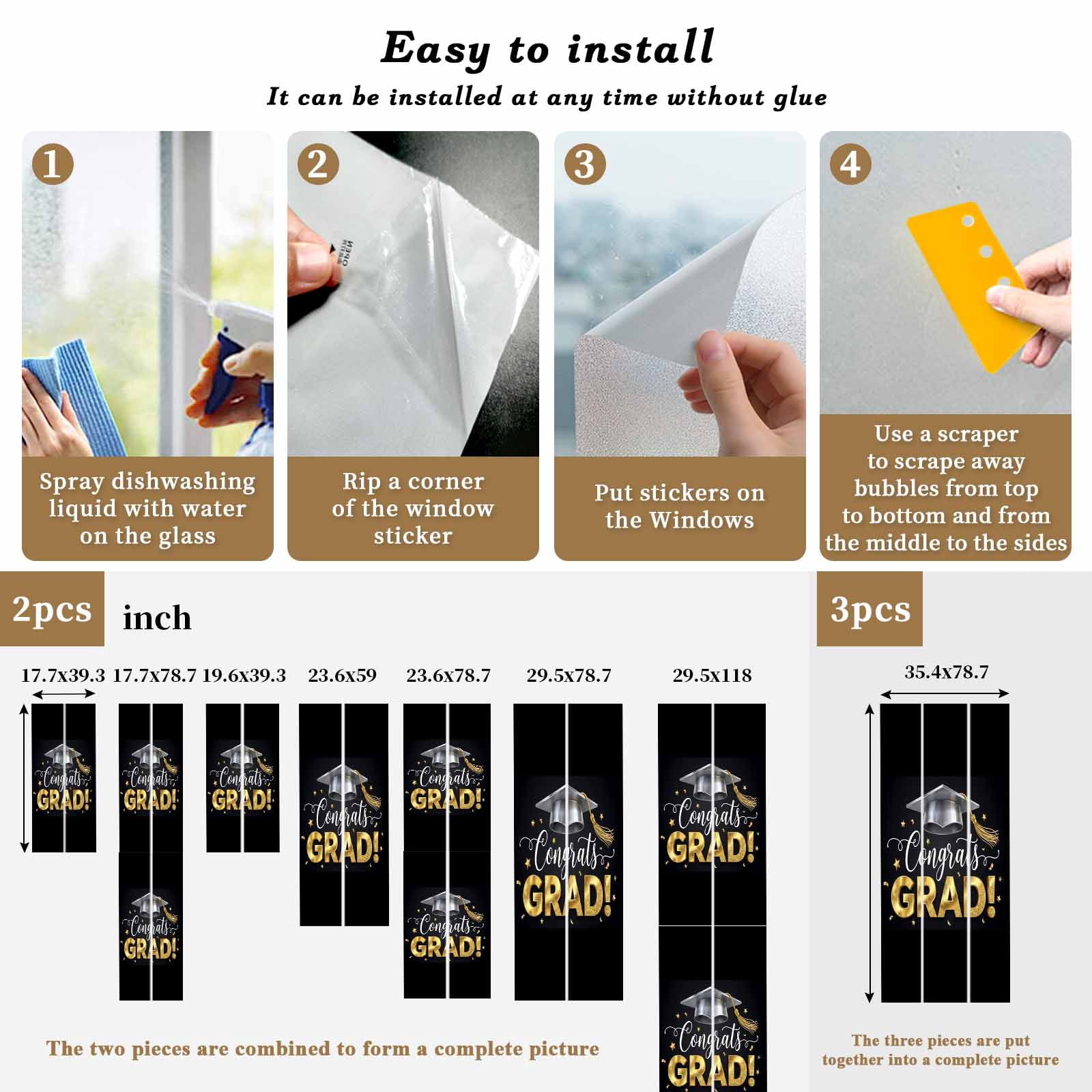 Graduate Season Window Privacy Film, Congrats Grad Bachelor's Cap Celebration Black Frosted Glass Window Clings Static Cling UV Heat Blocking Reusable Door Sticker for Bathroom 23.6 x 59 Inch