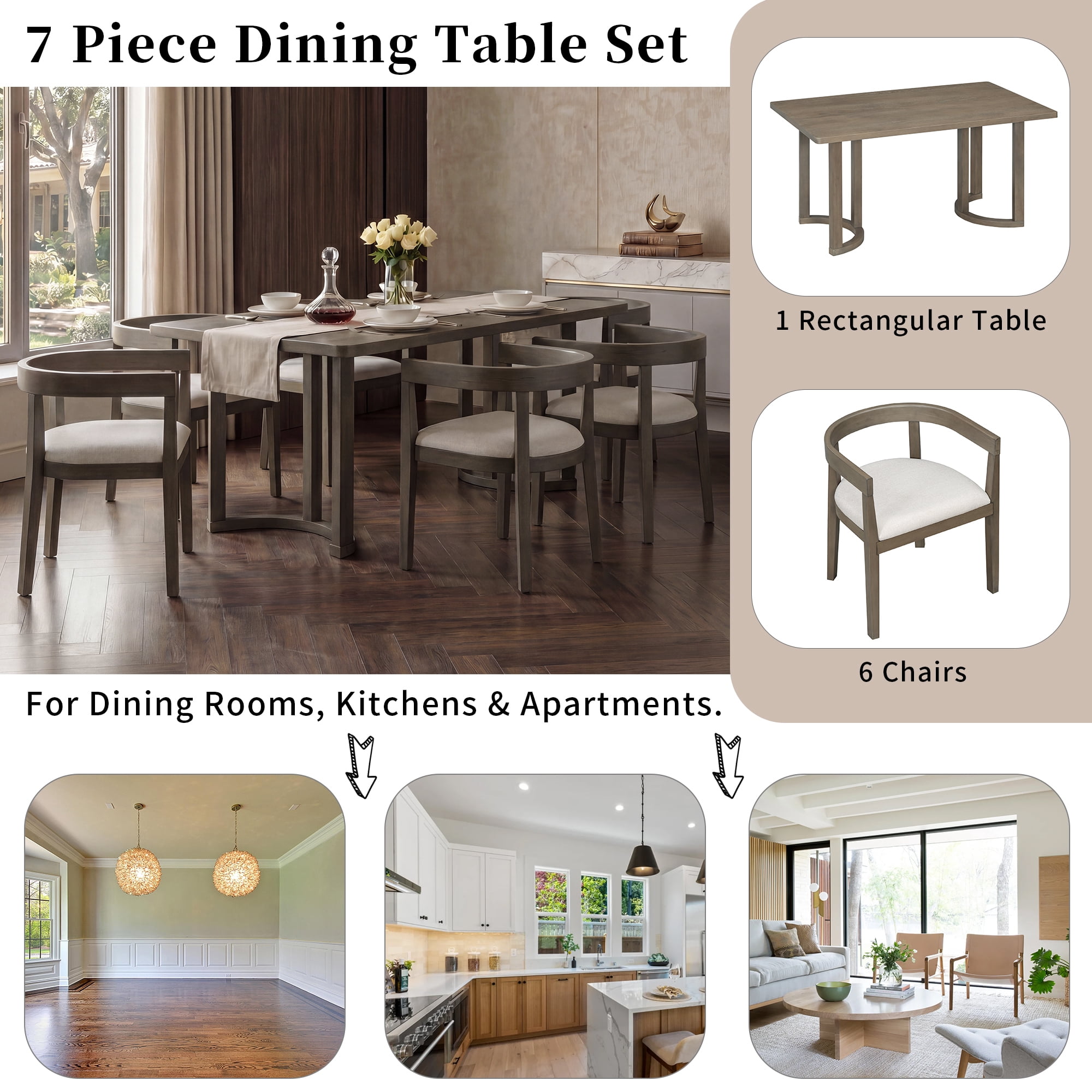 Euroco 7 Piece Dining Table Set for 6, Kitchen Dining Room Furniture with 6 Upholstered Curved Back Chairs, 59" Rectangular Kitchen Table Set for Apartment Small Space,Espresso