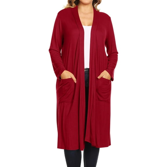Moa Collection Women's Plus Size Long Sleeve Open Midi Cardigan, Female