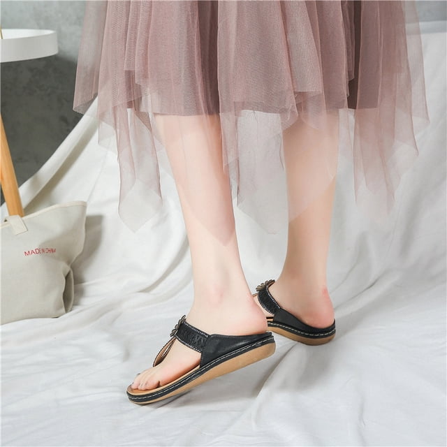 CEHVOM 2021 Non-slip Sandals Rhinestone Flower Hollow Fashion Flat Flip Flops