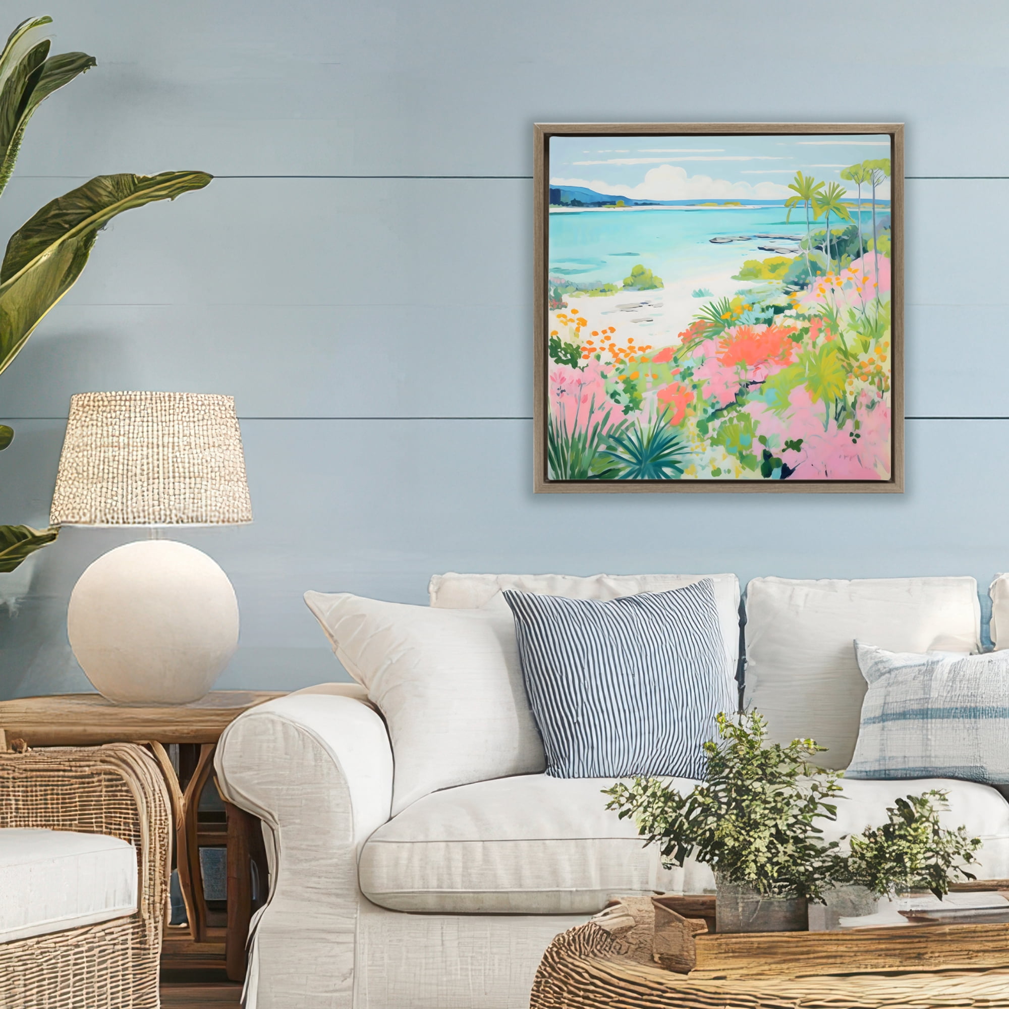 Stupell Industries Tropical Coast Blooming Shoreline Brown Framed Floater Canvas Wall Art, design by Creative Studio