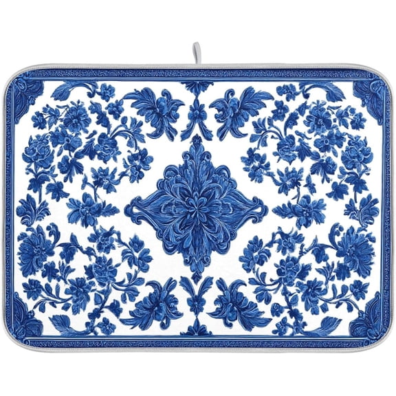 Blue White Porcelain Floral Dish Drying Mat for Kitchen Countertop 18x24 Rectangle Large Drying Mat Reusable Quick Dry Dish Sink Absorbent Mats Dishwasher Easy Clean Decorative Home Decor Essentials