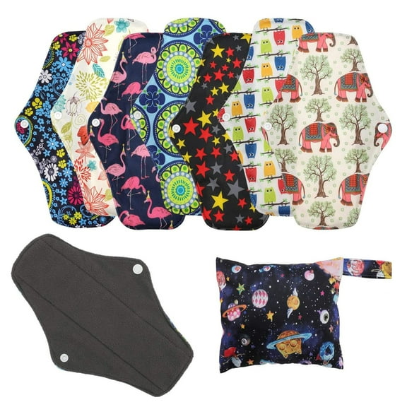 7 in 1 Reusable Menstrual Pads (28cm 4 Layers),Bamboo Cloth Pads for Heavy Flow with Wet Bag,Large Sanitary Pads Set with Wings for Women,Washable Overnight Cloth Panty Liners Period Pads