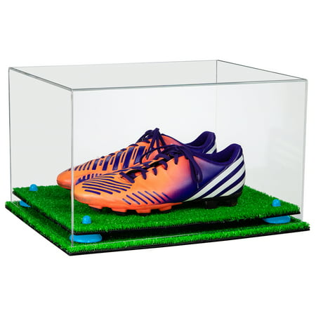 Deluxe Clear Acrylic Large Shoe Pair Display Case for Basketball Shoes Soccer Cleats Football Cleats with Blue Risers and Turf Base