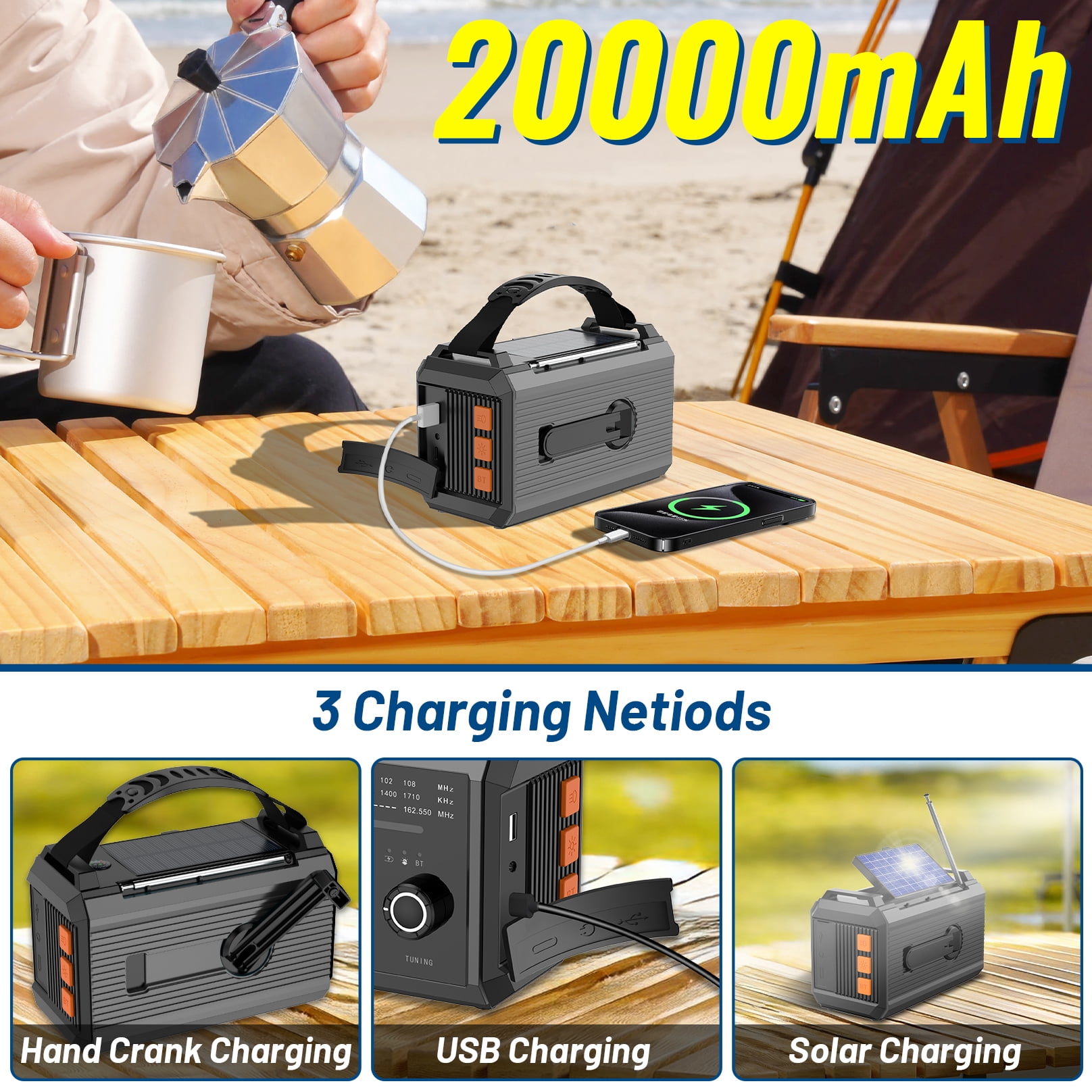 20000mAh Emergency Radio,Hand Crank Weather Radio with Battery Powered and Fast Charging, NOAA/AM/FM Portable Solar Radio with SOS Alert Flashlight, Outdoor Survival Gear