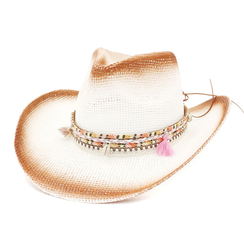 Ladies Straw Cowboy Hat Jacaru Sun Beach Summer Holiday One Size New Band Brim 