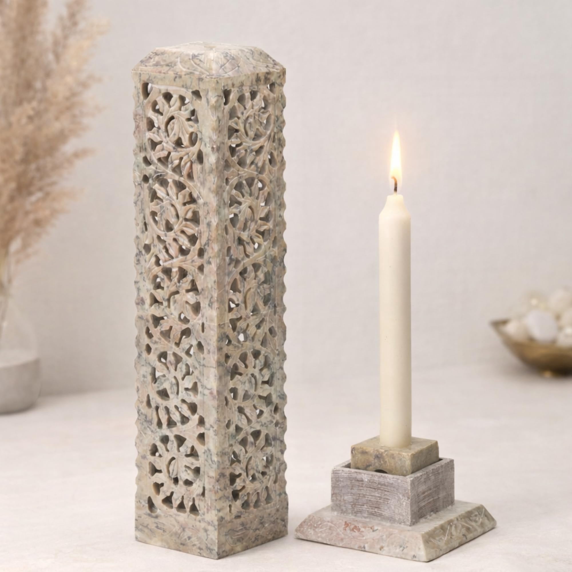 Handmade Marble Soapstone Incense Stick Burner | Candle Holder Tea Light Stand - Tower For Gifting. Decorative Home And Kitchen Decor (3 X 3 11 Inches)