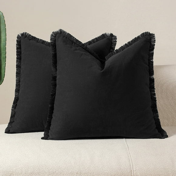 XmhyTop-A Black Fringe Throw Pillows 45*45cm Washed Cotton Decorative Cushions, Set of 2