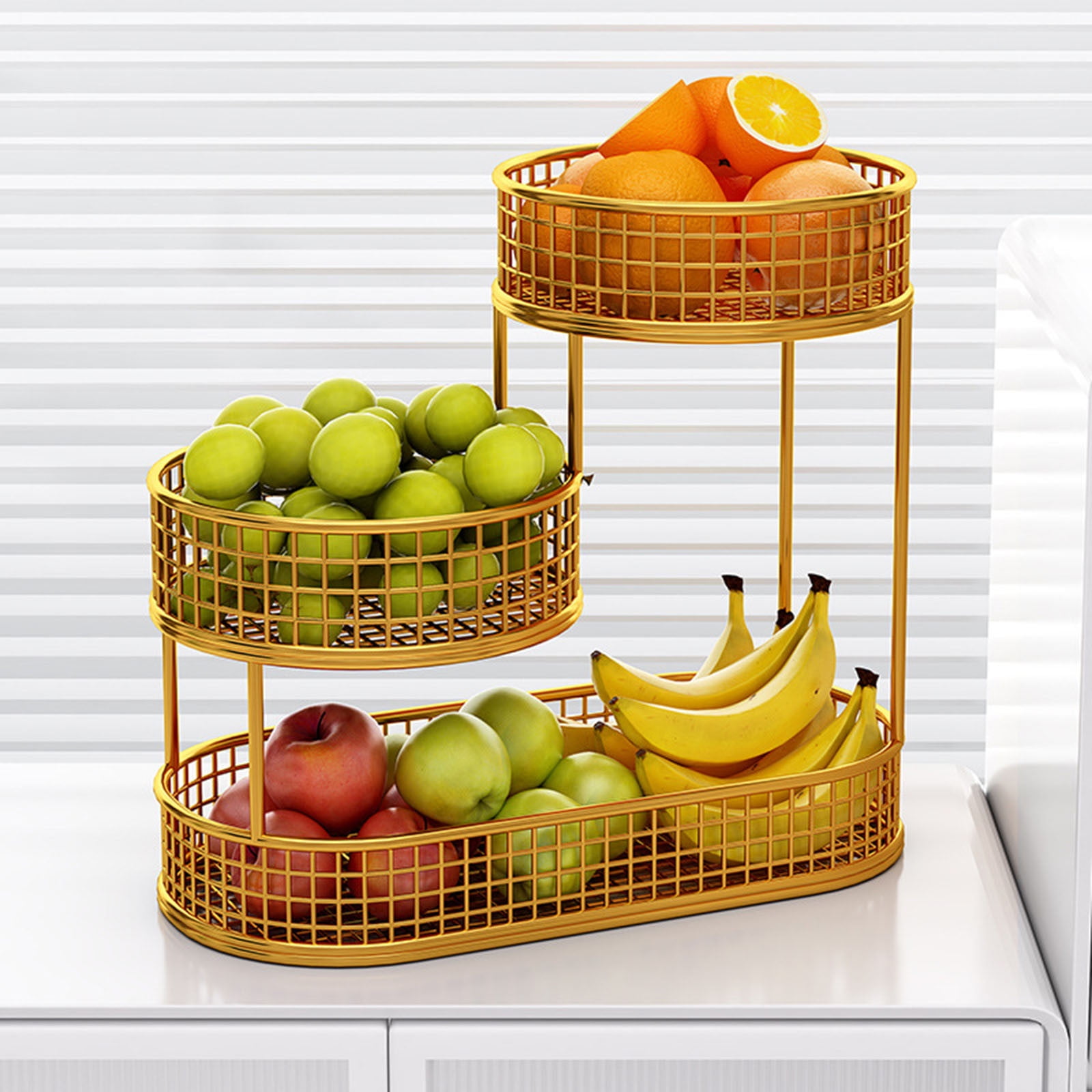 3 Tier Fruit Basket Countertop Round Artistical Fruit Basket Bowl For Kitchen Counter Compact Metal Mesh Basket Fruits & Vegetables Stand(Gold L)