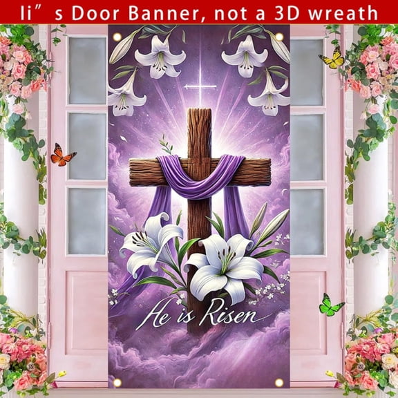 1 PC, 2D Flat Banners flat decorative banner, Easter cross   lily purple mist faith theme pattern, 70.87x35.43 inches (180x90cm), general daily wall decoration, religious festival front door decorati