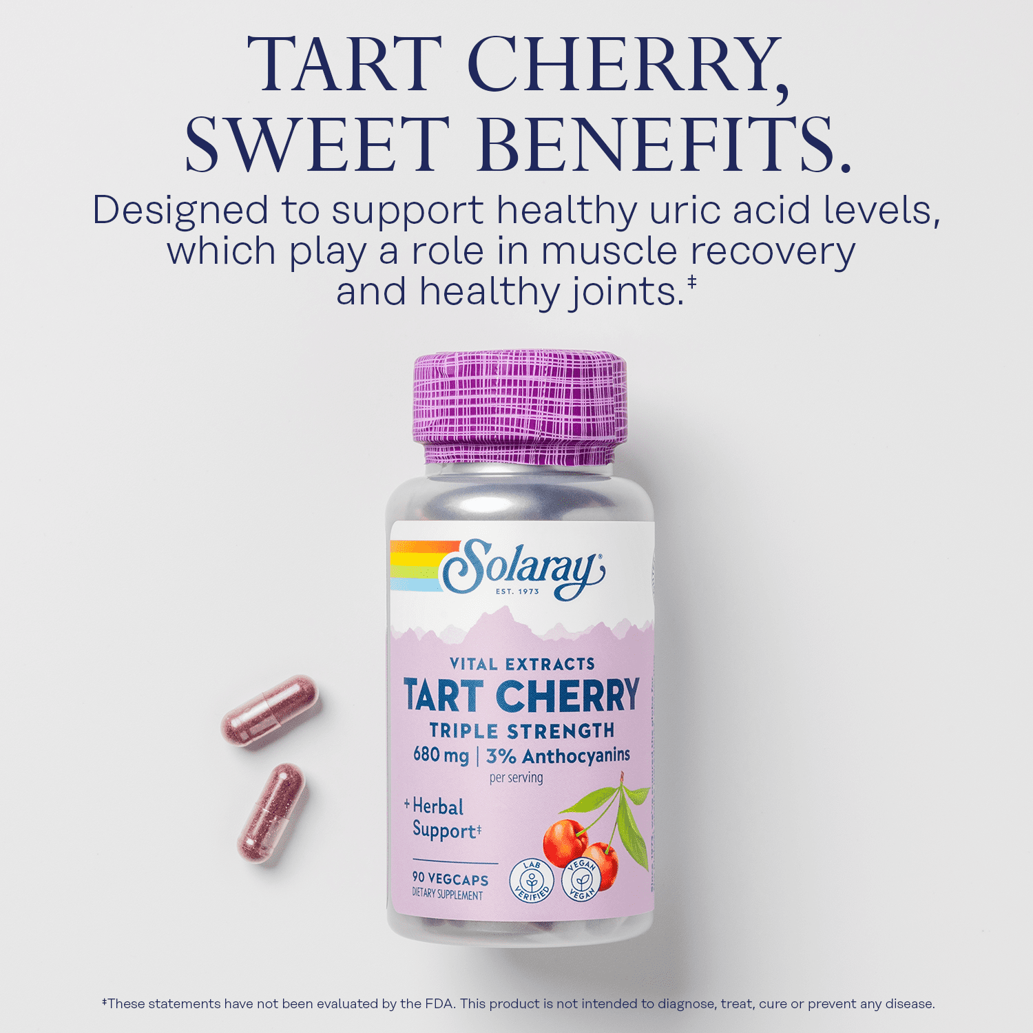 Solaray  Triple Strength Tart Cherry Fruit Extract | Helps Support Healthy Uric Acid Levels w/ Antioxidants & Anthocyanins | Non-GMO & Vegan | 90ct