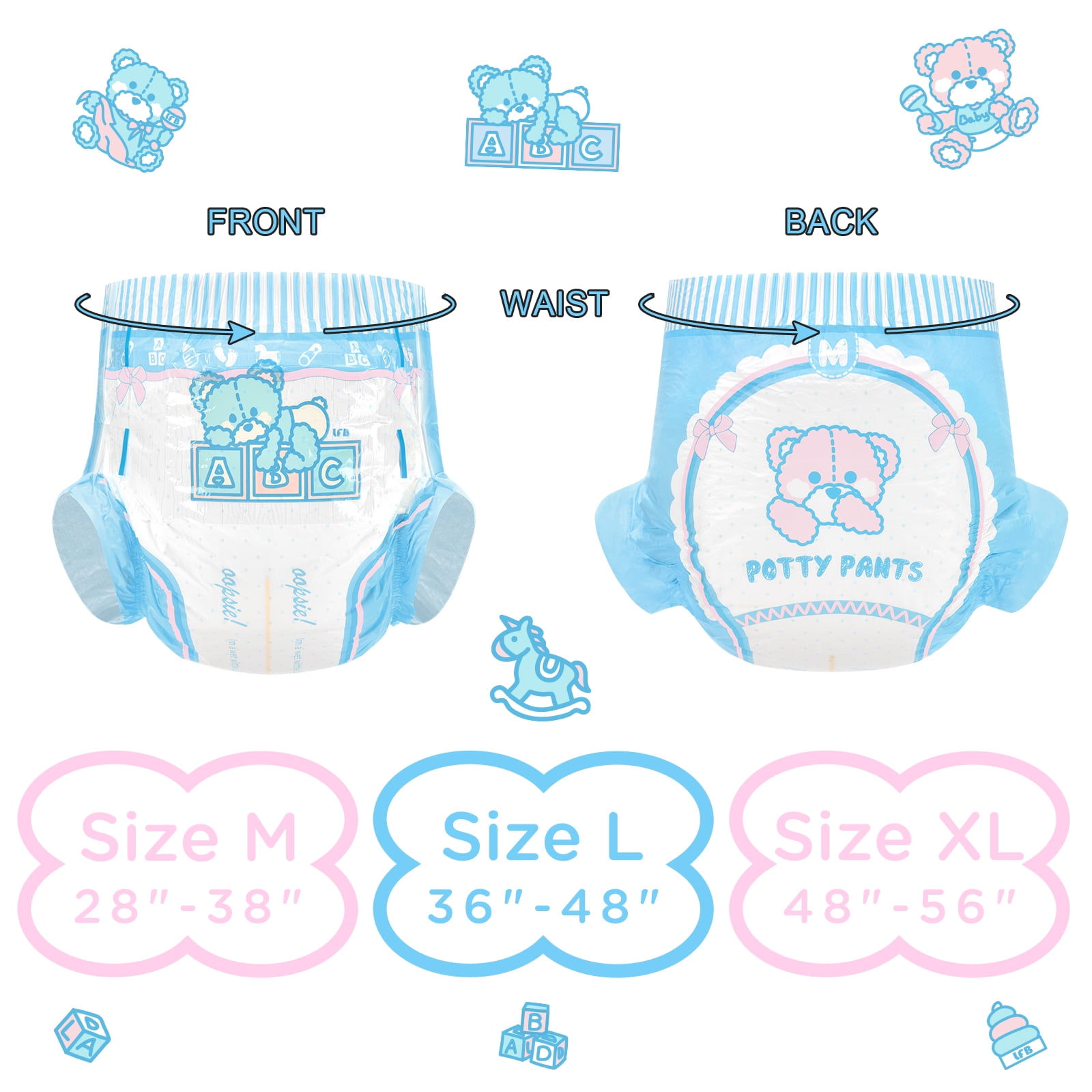 Littleforbig Adult Printed Diaper 2 Pieces Pack 3 Prints Random Assorted - Potty Pants (Medium 28"-38")