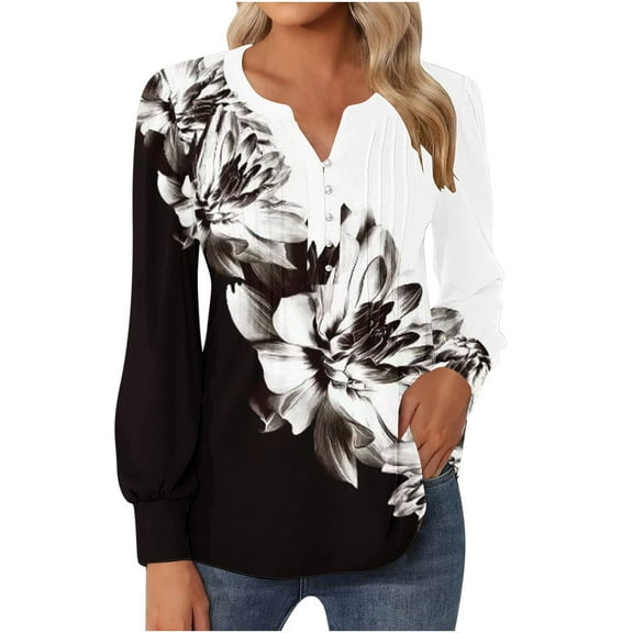Women's Long Sleeve V Neck Tops Button Casual Pullover Tunic Shirts Fashion Pleated Front Solid Color/Print Blouses(White,XL)