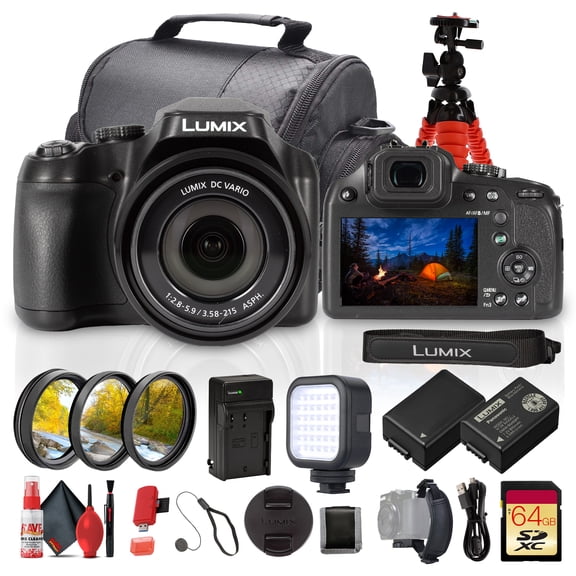 Panasonic Lumix FZ85D / FZ80D Digital Camera 18.1MP MOS Sensor 60x Optical Zoom 20-1200mm Equivalent 4K30 Video Bundle With Flexible Tripod   64GB Memory Card   Bag   LED Light   More (13 Items)