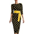 thumbnail image 2 of ClodeEU Women's Polka Dot Round Neck 3/4 Sleeve Self Belt Waist Bodycon Midi Pencil Dress,Vintage Elegant Cocktail Party Dress Yellow,Women's Plus L, 2 of 6