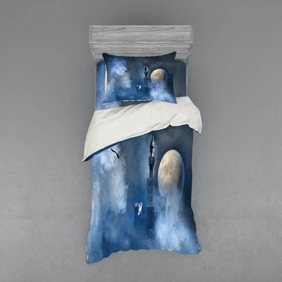 Ambesonne Fantasy Bedding Set 3 Pcs, Castle on Clouds Gothic, Twin XL, Dark Blue