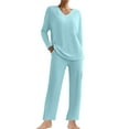 thumbnail image 3 of QATAINLAV 2 Piece Lounge Sets for Women Ribbed Knit Long Sleeve V Neck Pullover Tops Matching Wide Leg Pants Fall Winter Pajama Outfits Light Blue S, 3 of 9