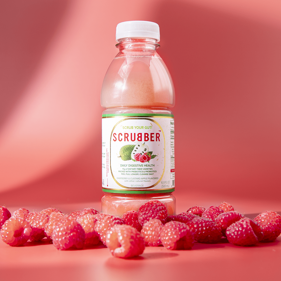 Scrubber Fiber-Infused Fruit Juice w/ Probiotics + Prebiotics for Daily Digestive Health, Immune Support, Regularity & Weight. 16.9 OZ Natural Beverage, Raspberry & Custard Apple, 12-Pack