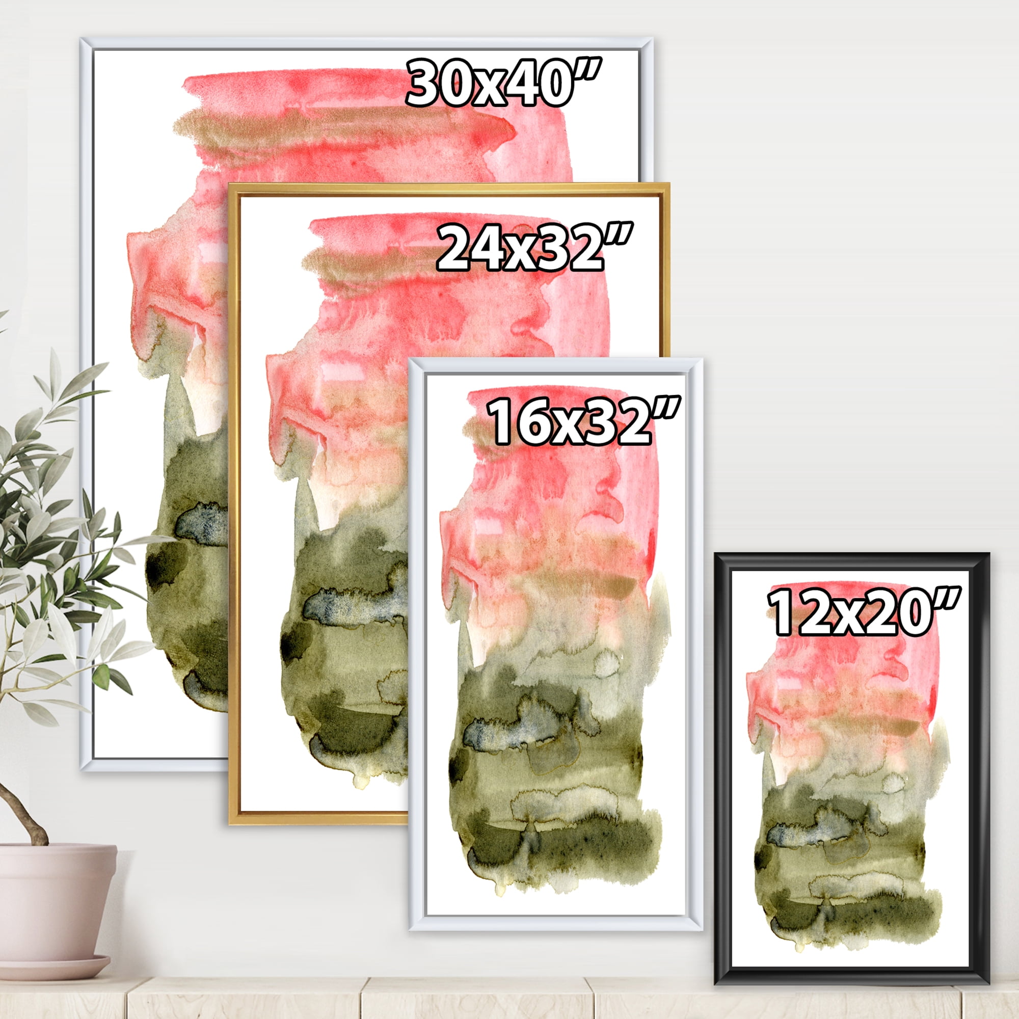 Designart 'Red Pink and Green Abstract Clouds' Modern Framed Canvas Wall Art Print