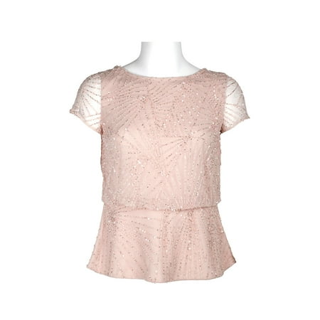 Adrianna Papell Boat Neck Illusion Short Sleeve Blouson Embellished Zipper Mesh Top-BLACK GUNMETAL / 8