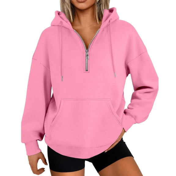 SYMOID Womens Pink Oversized Half-Zip Hoodie - 100% Polyester, Kanga Pocket, Machine-Washable, S-XXXL, Casual Daily & Layering Wear,Size 2XL