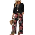 thumbnail image 3 of Two Piece Sets for Women Dressy Lounge Sets Summer Vacation Outfits 3/4 Sleeve V Neck Button Top Leaf Print Wide Leg Pants Set with Pockets, 3 of 4