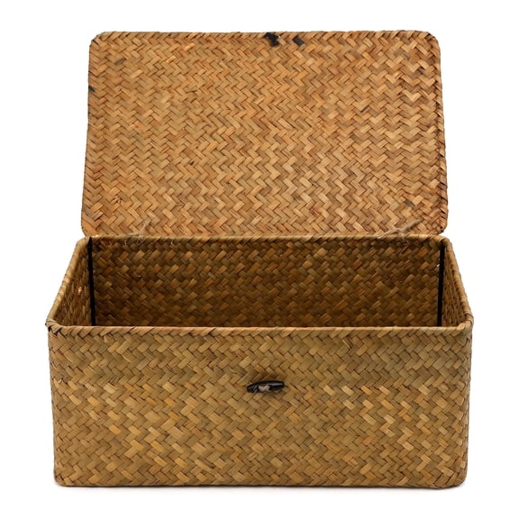 Wicker Shelf Baskets with Lid, Natural Seagrass Storage Basket Boxes Handwoven Rectangular Baskets Bins for Home Organizer Decor