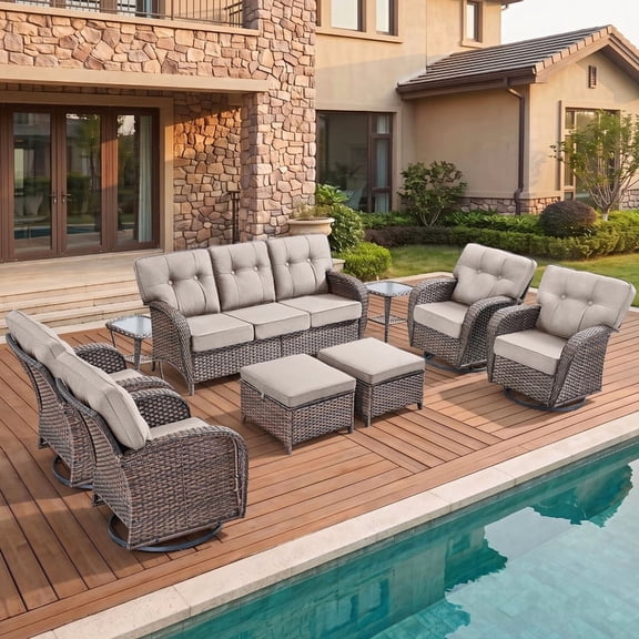 Bellefurn Luxury 9 Piece Outdoor Patio Furniture Sets,High Back Outdoor Wicker Conversation Set with Swivel Rocker Chairs,Sofa,Coffee Table and Ottomans for Porch Balcony Deck