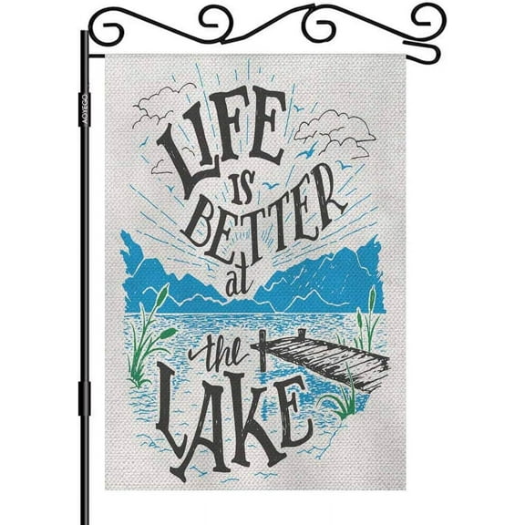 Life Is Better At the Lake Burlap Garden Flag Double Sided Premium Fabric Lake House Lakeside Living Cottage Vintage Outdoor Decoration Banner for Yard Lawn 12.5" x 18"