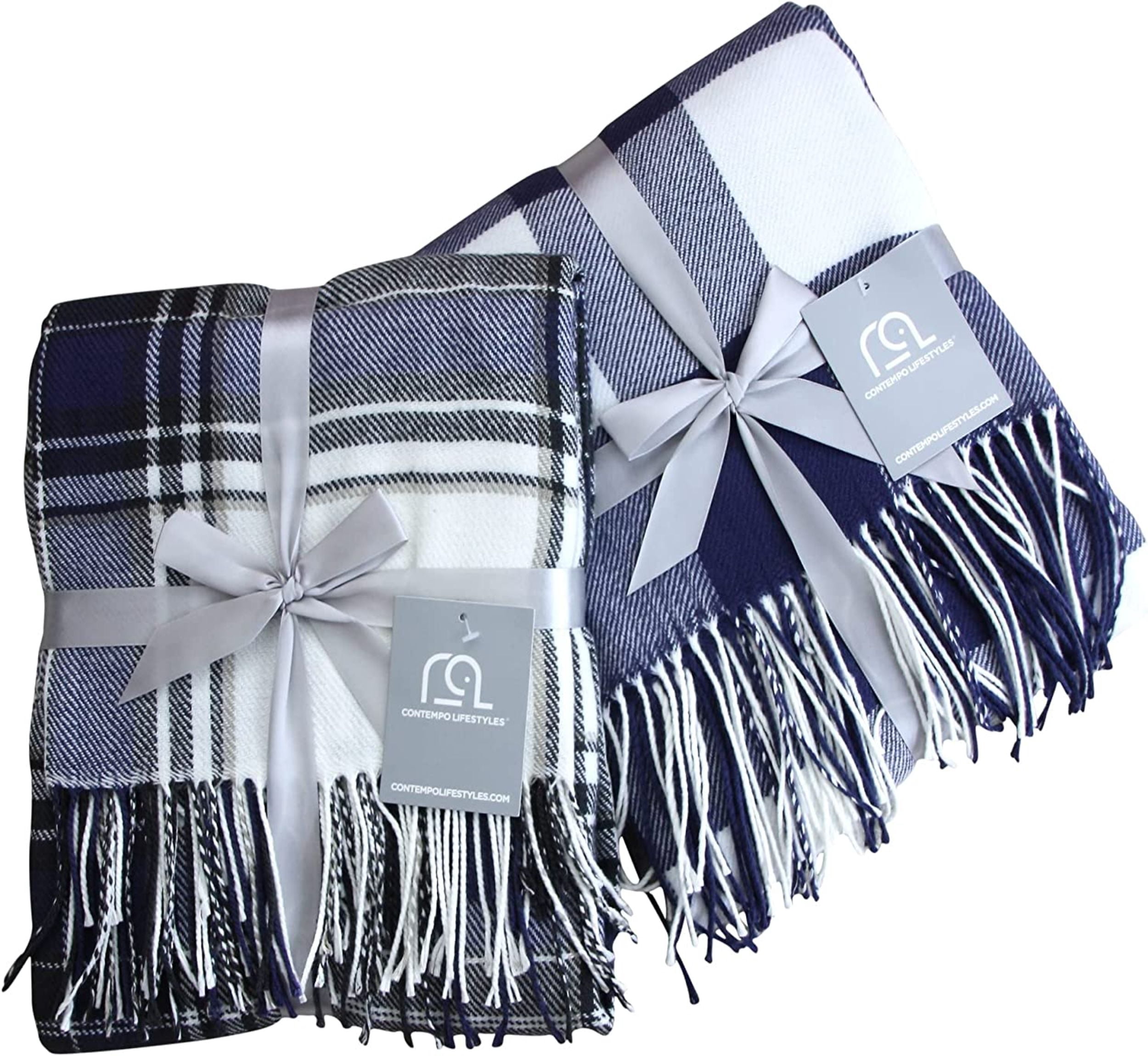 Buffalo Plaid Throw Blanket by Contempo Lifestyles – 50 x 70 Inch Decorative Classic Blanket – Comfortable and Ultra-Soft – Ideal for Living Room, Couch, Travelling, (Dark Denim/Ivory)