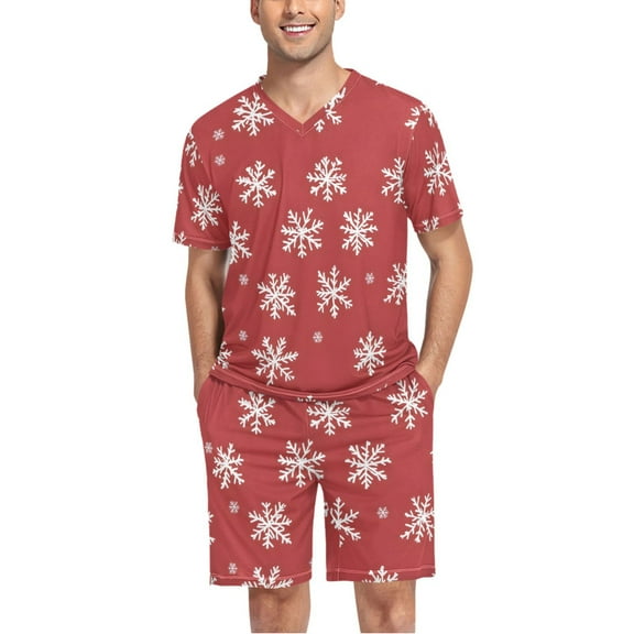 joogoo Men's Pajama Set Christmas Snowflake V-Neck Pj Shorts Set 2 Piece Loungewear Sleepwear L