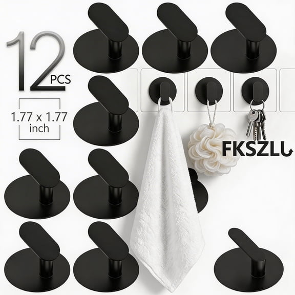 FKSZLL 12Pcs Adhesive Hooks Stainless Steel Black Towel Holder Self Adhesive Extra Sticky Hook Waterproof Sticky Hanger for Bathroom Shower Kitchen