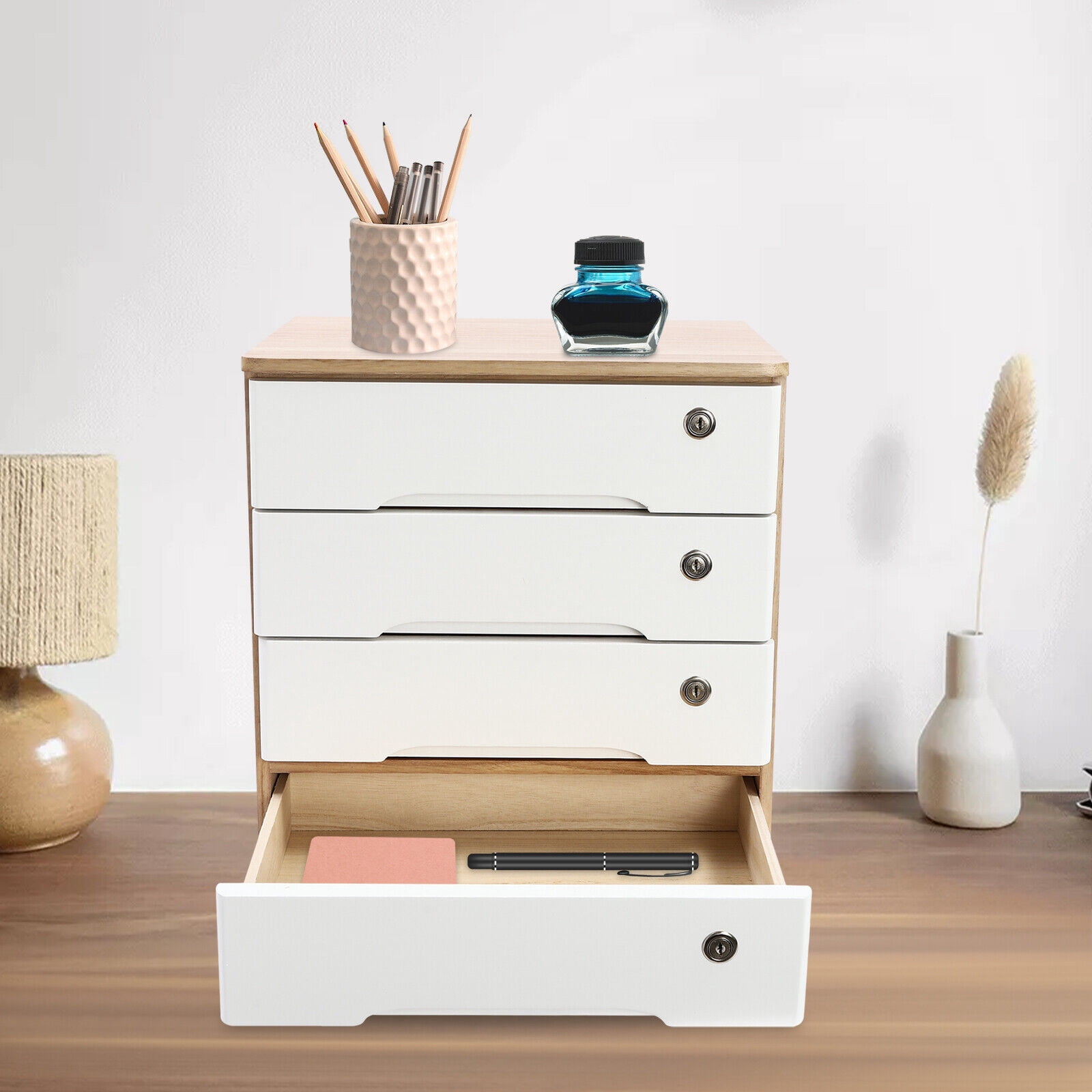 Wooden Desktop Storage Cabinet Desk Organizer Desktop Storage Box with Lockable