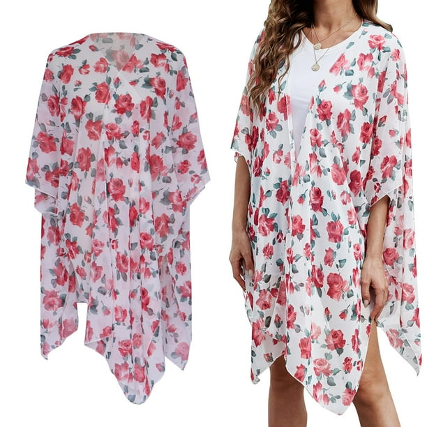 Kimono Cardigan elegante para mujer, Playa suelta sin , moda de cubrir blusas de playa para Primavera Verano playa - Rojo Yinane Cárdigan tipo kimono de playa