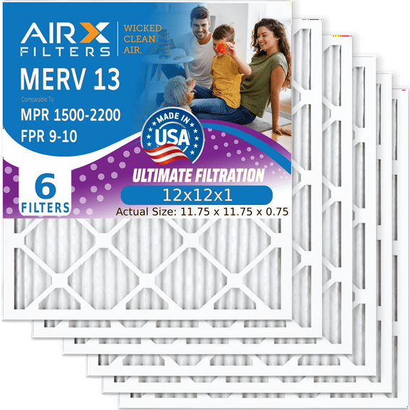 12x12x1 Air Filter MERV 13 Comparable to MPR 1500 - 2200 & FPR 9 Electrostatic Pleated Air Conditioner Filter 6 Pack HVAC AC Premium USA Made 12x12x1 Furnace Filters by AIRX FILTERS WICKED CLEAN AIR.