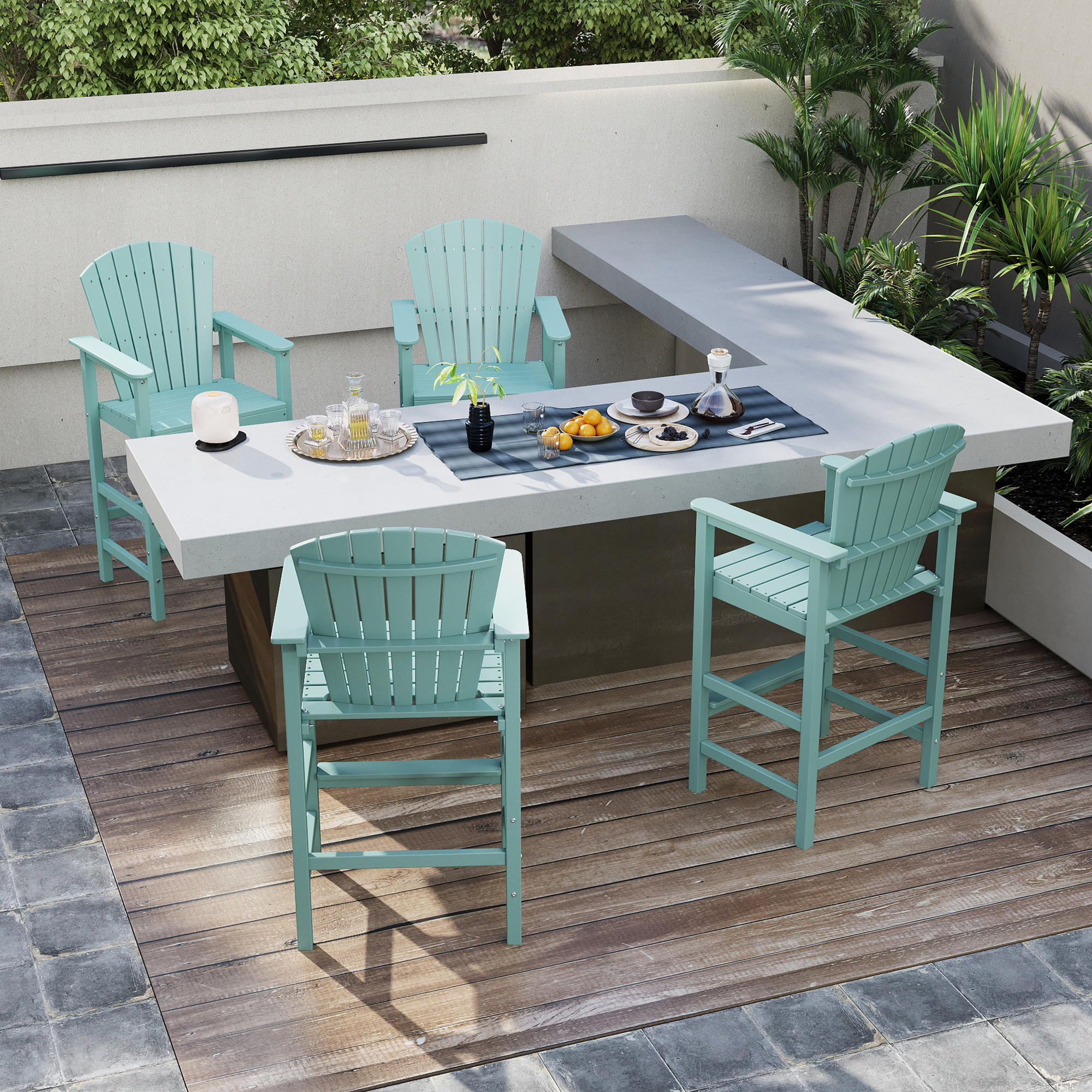 FOOWIN Tall Adirondack Chair Set of 2, HDPE All-Weather Adirondack Bar Stools with Connecting Tray, Aruba Blue