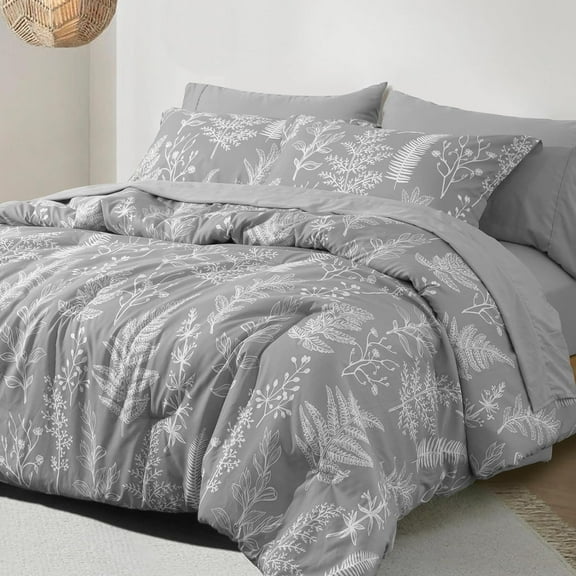 PHF 7 Pieces Printed California King Bed in a Bag, Lightweight Reversible Botanical Bedding Set Include Comforter, Pillow Shams, Flat Sheet, Fitted Sheet and Pillowcases, Grey