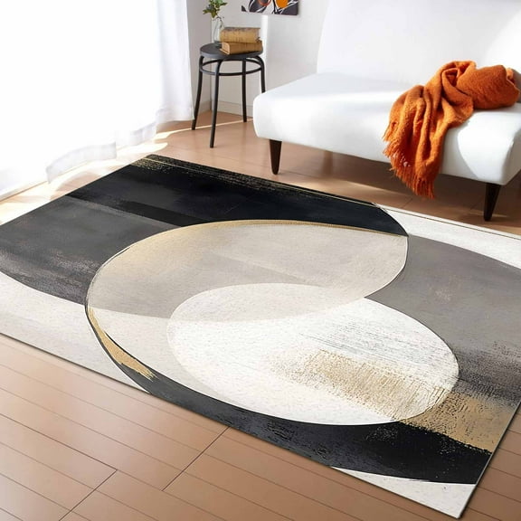 Area Rugs 2x3 Ft Abstract Mottled Black White Gold Circle Geometric Moon Non-Slip Washable Rug Indoor Rug Floor Mats Non Shedding Carpet for Living Room Bedroom Dining Room Home Decor