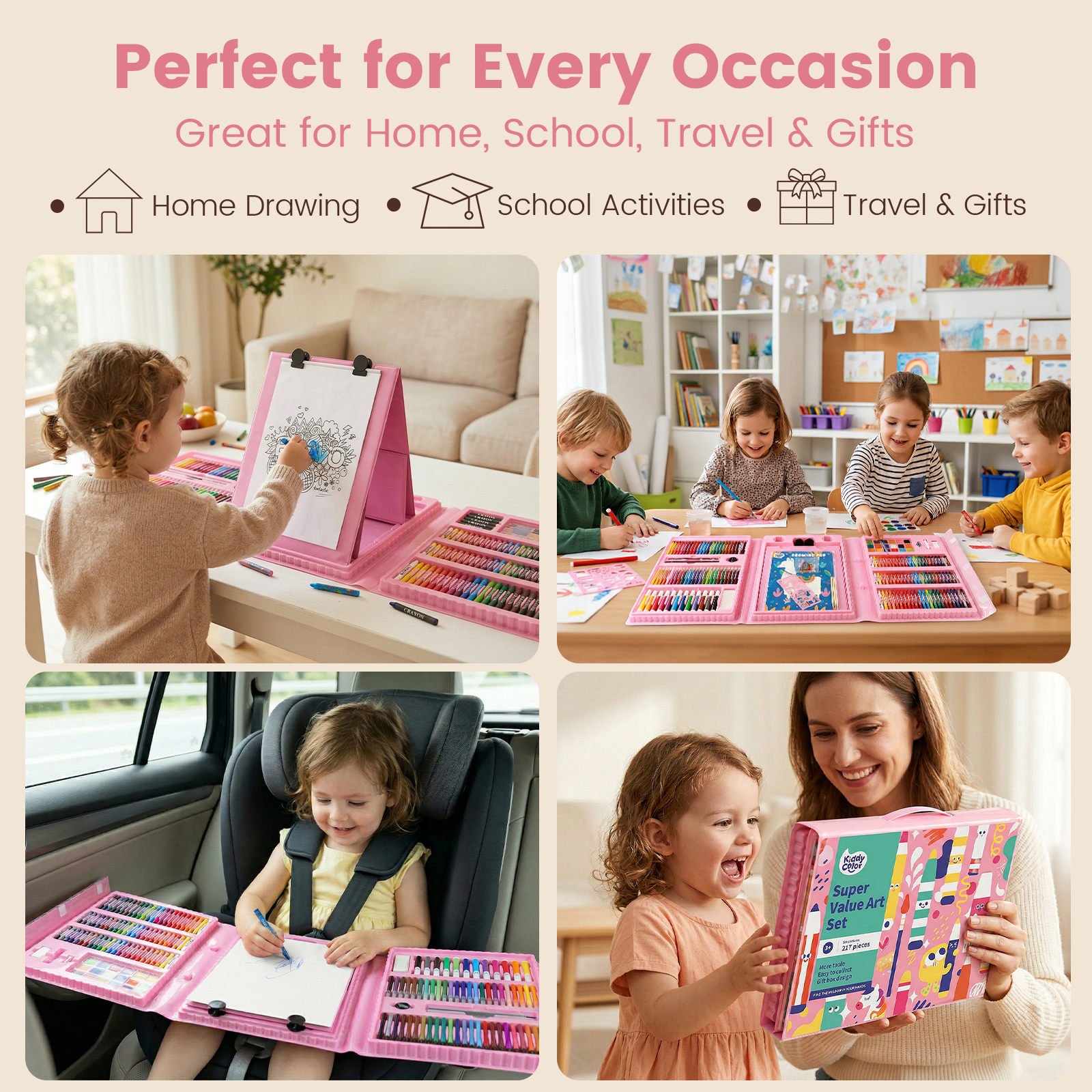 KIDDYCOLOR Kids Drawing Set with Easel, Portable Carrying Case, 217 Pcs