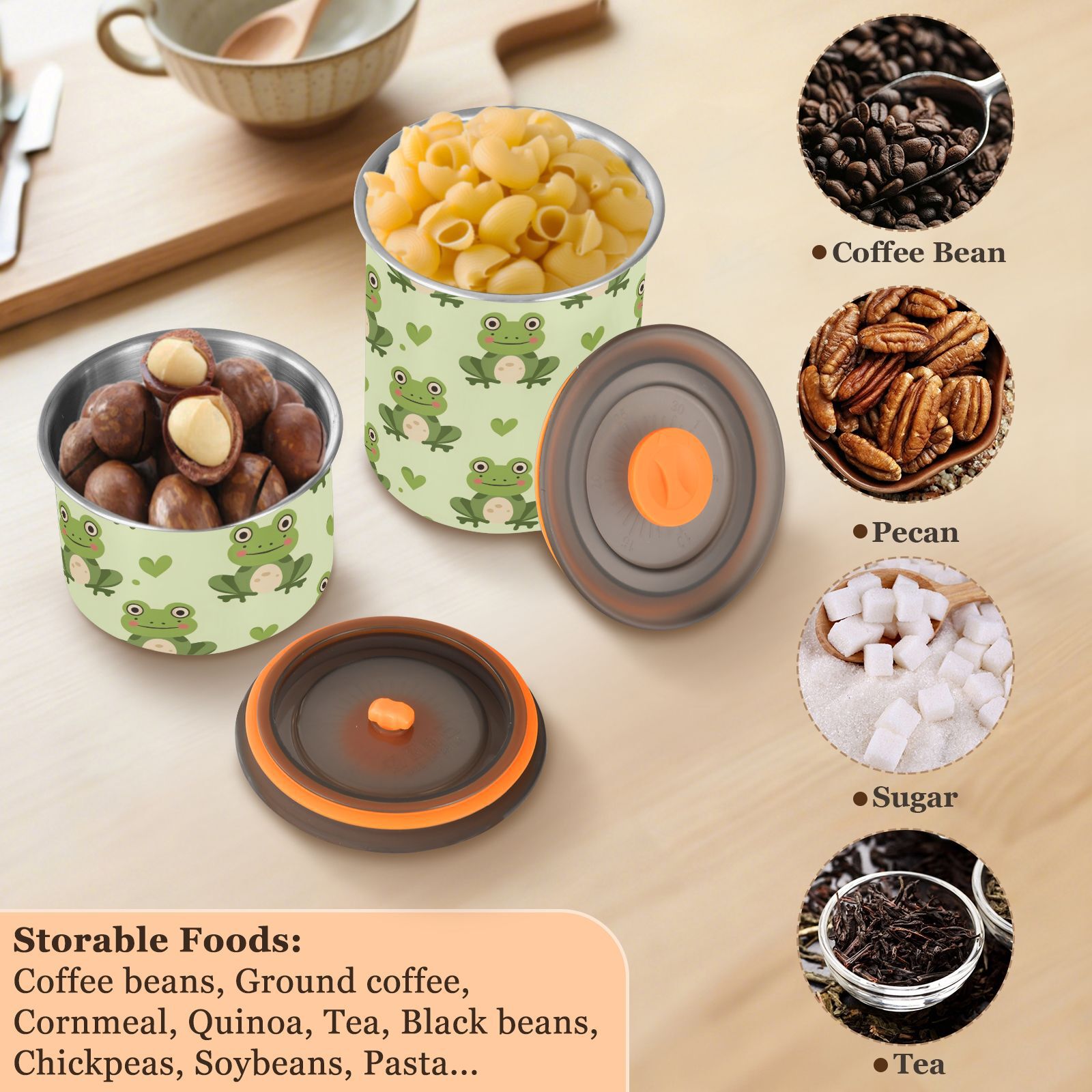 Frogs Hearts Airtight Coffee Bean Canister 30oz Food Storage Containers with Lids For Gournd, Tea, Sugar, Flour, Rice, Cereal, Candy Cookie Jar