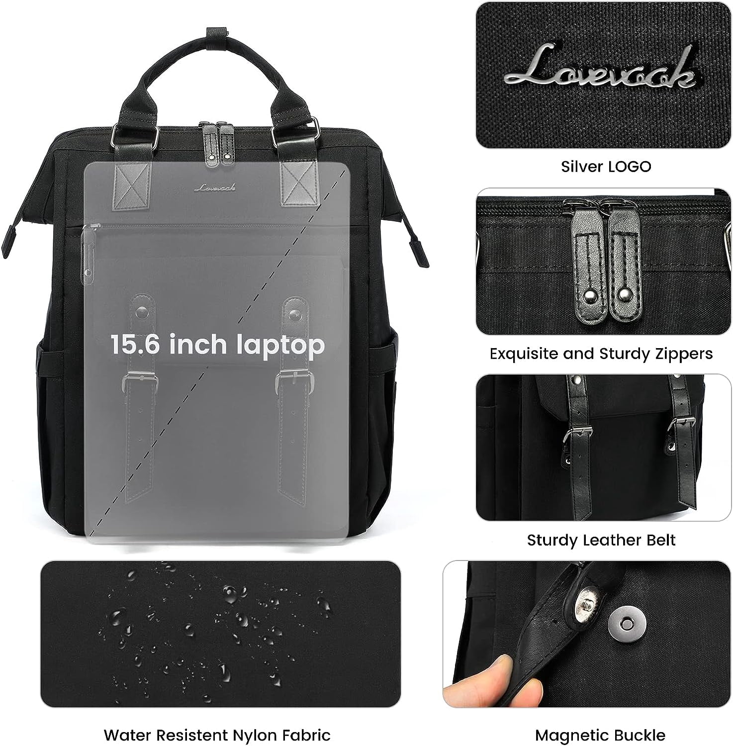 Lovevook Laptop Backpack for Women 15.6",Cute Work Travel Commuter Daypack,Nurse Doctor Teacher Backpack Purses College Computer Bookbag-Black