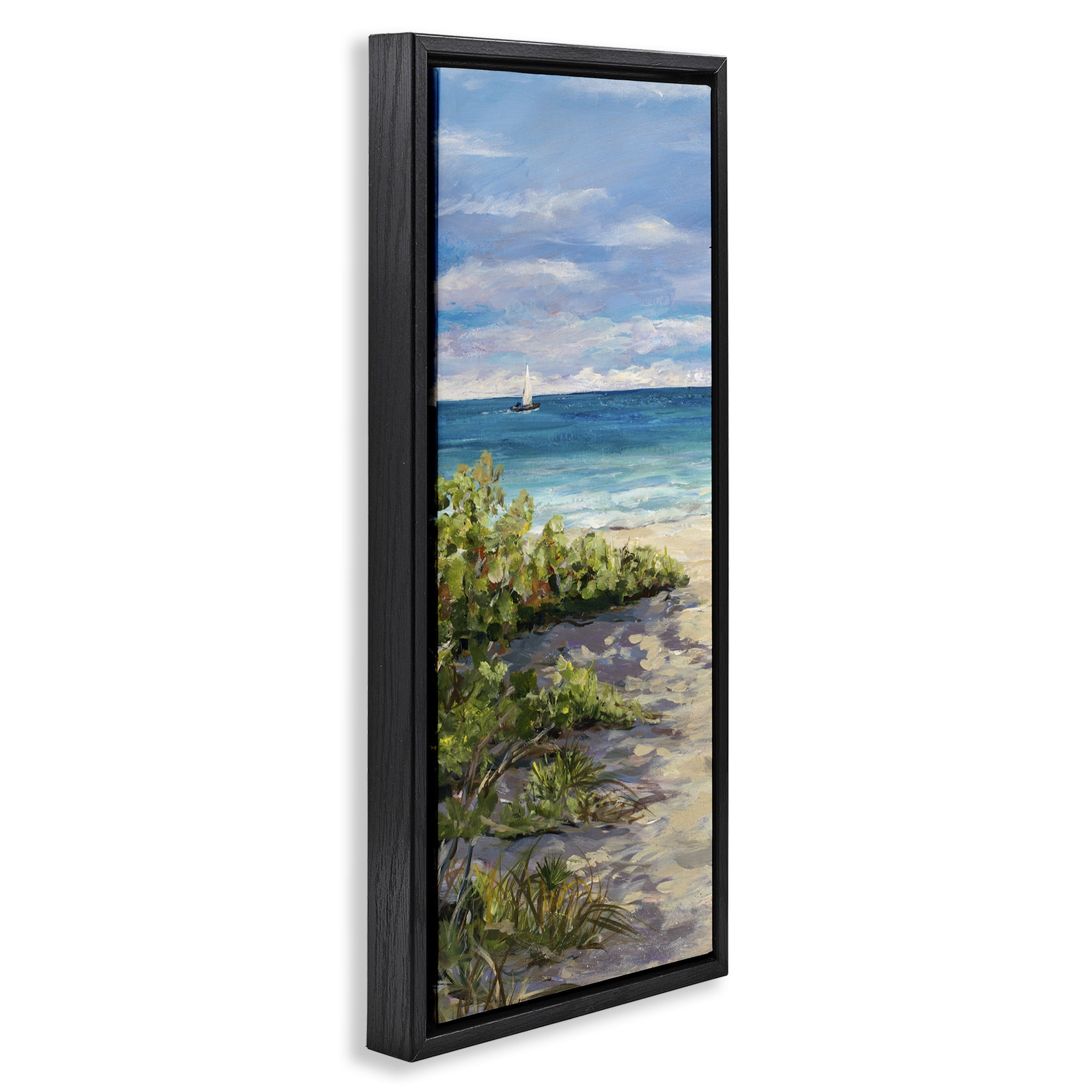 Stupell Industries Grassy Beach Shore Landscape Painting Black Floater Framed Canvas Art Print Wall Art, 11 x 25