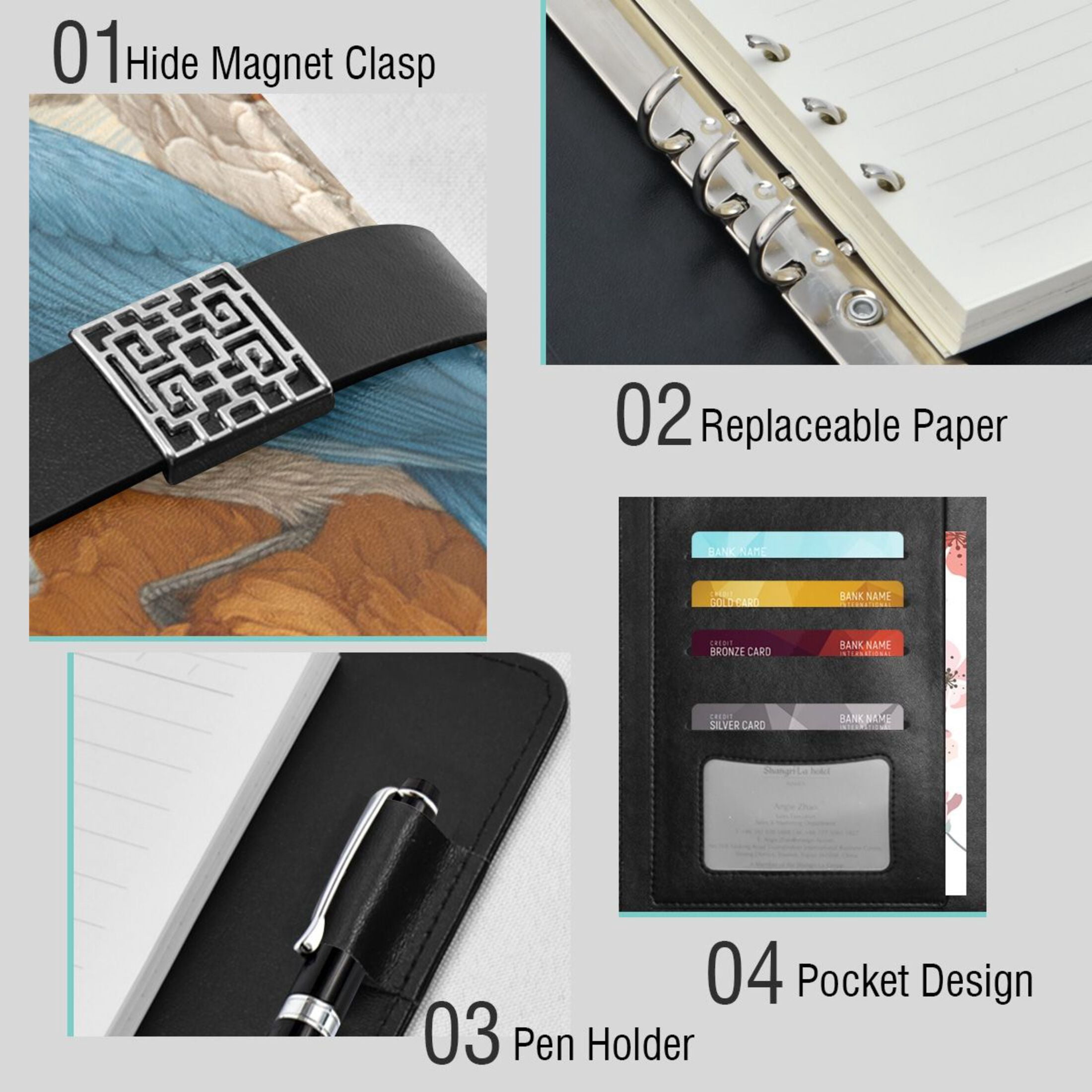 Leather Planner Leather Notebook Notebook Journal Binder Design Pen Pocket Design Convenient for Storage Flowers Blue Bird Pattern