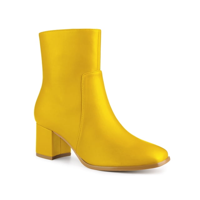 Unique Bargains Women's Square Toe Side Zip Block Heel Ankle Boots Yellow (Size 6.5)