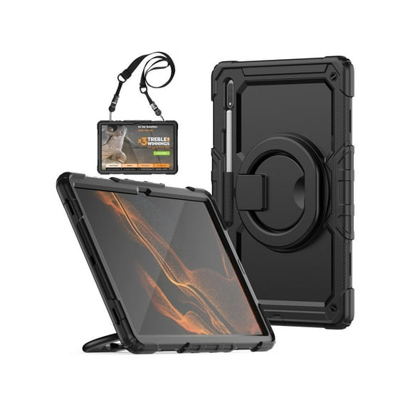 Samsung Galaxy Tab S8 Ultra 14.6" Case Model SM-X900 SM-X906 with S Pen Holder, Heavy Duty Shockproof Protective Cover with Rotating Kickstand & Shoulder Strap