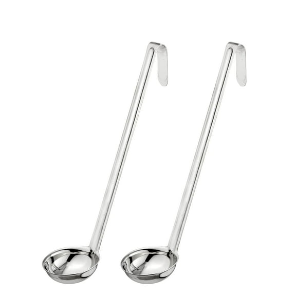 [2 Pack] 2 oz Stainless Steel Soup Ladle - One-Piece Sauce Spatula with Hook Handles, Commercial Grade Serving Spoon, Kitchen Tool for Restaurant or Home Cooking, Mirror Finish, 12” Long