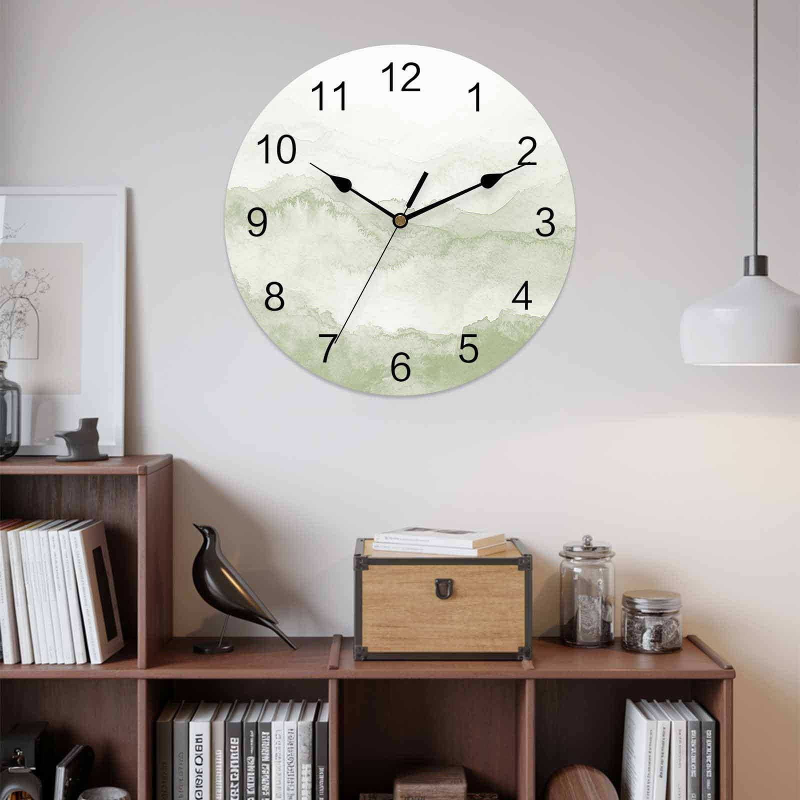 Wall Clock Sage Green Mountain Clocks PVC Silent Non-Ticking Battery Operated Decorative Ombre Abstract Natural Round Clock for Home Living Room Kitchen Bedroom Office School Wall Decor 10 Inch