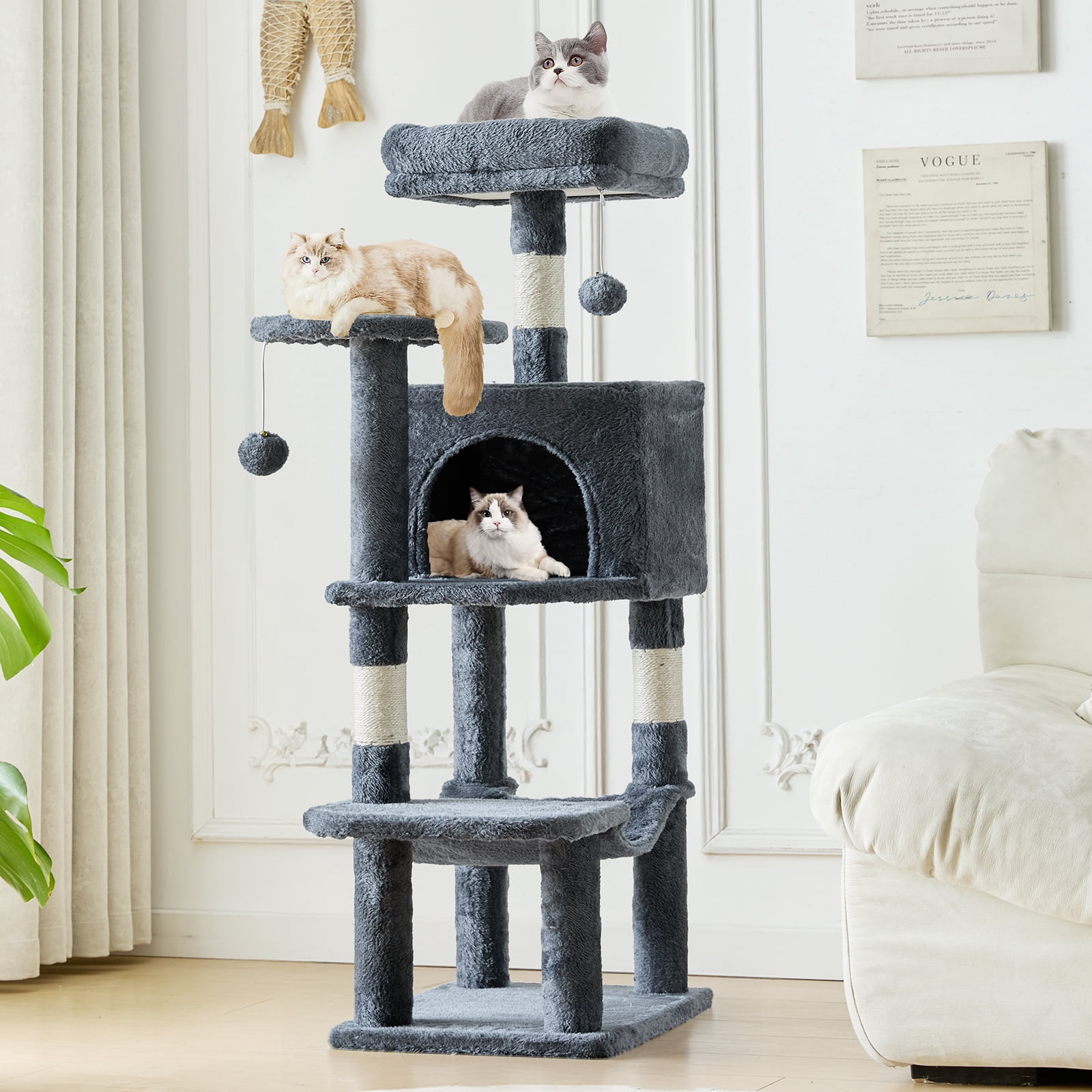 CONCETTA 44in Multi Level Cat Tree Tower,Cat Scratching Posts with Large Top Perch and Hammock,Gray