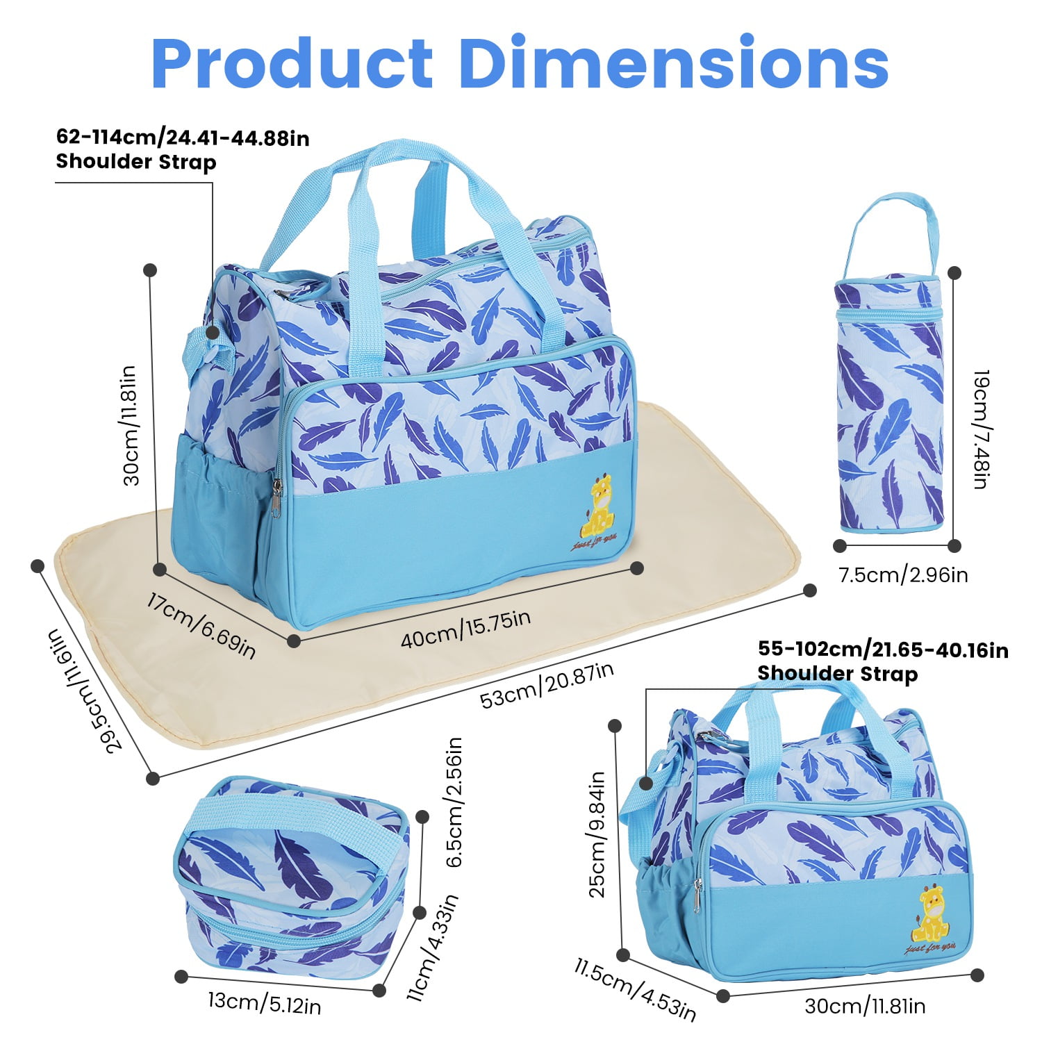 5Pcs Mummy Diaper Tote Bag Baby Nappy Bag with Diaper Pad Food Bag Bottle Bag Travel Tote Bags for Mom Dad Light Blue